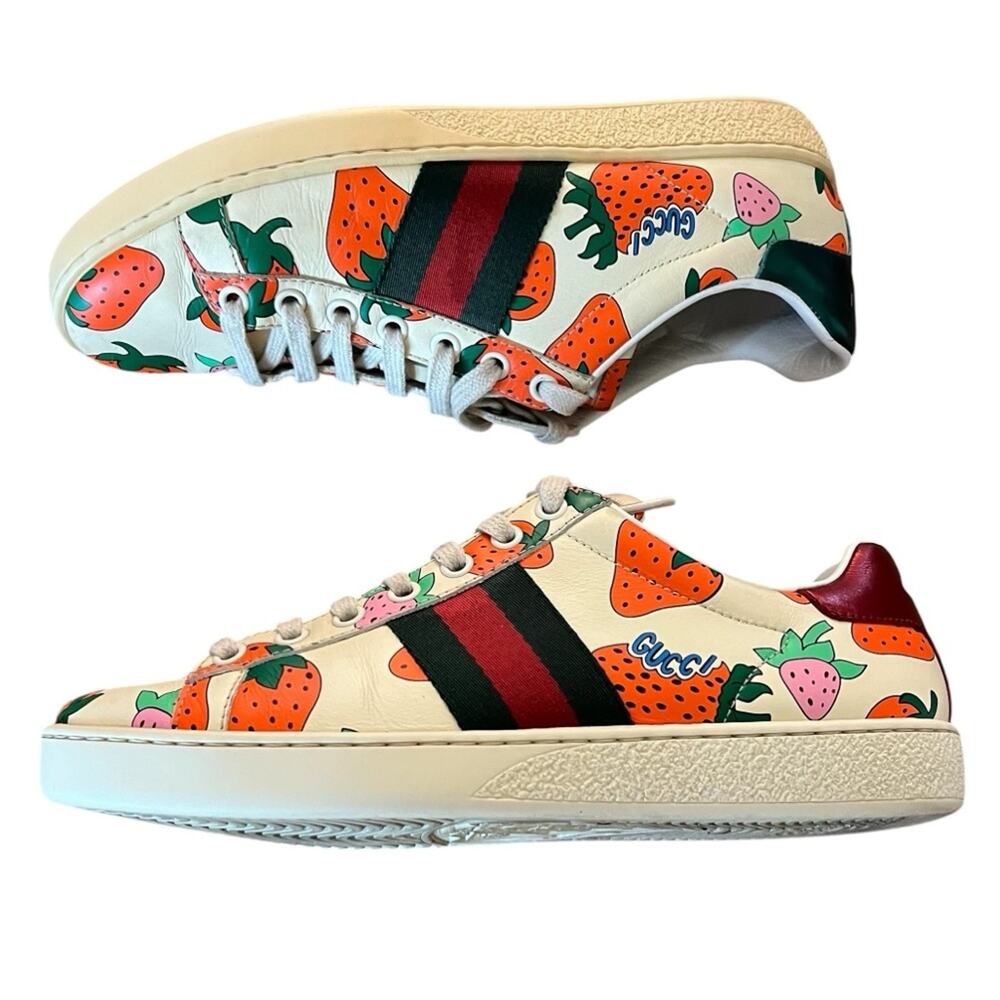 Gucci Ace Strawberry Print Leather Sneakers Low Top Web Stripe EU 37 US 7 - Picture 9 of 14